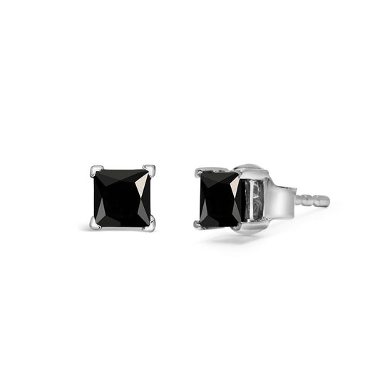 Pair of white metal stud earrings with princess-shaped black gemstones in 4-prong settings, shown from front and side angles on a white background.