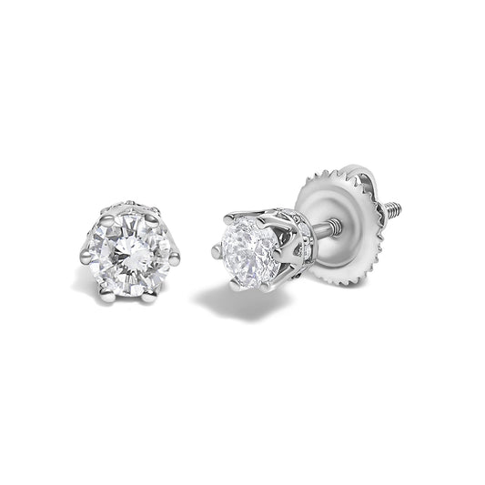 Front and side view of a pair of white metal stud earrings with round white gemstones in six-prong settings and additional small round white gemstones in pave setting around the base, shown on a white background.