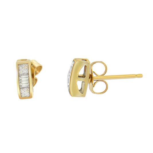 Pair of yellow metal stud earrings with rectangular front featuring white gemstones in channel and invisible settings, shown from front and side angles on white background.