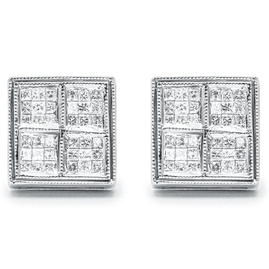 Front view of a pair of square-shaped white metal earrings featuring clusters of princess-shaped white gemstones in an invisible setting.