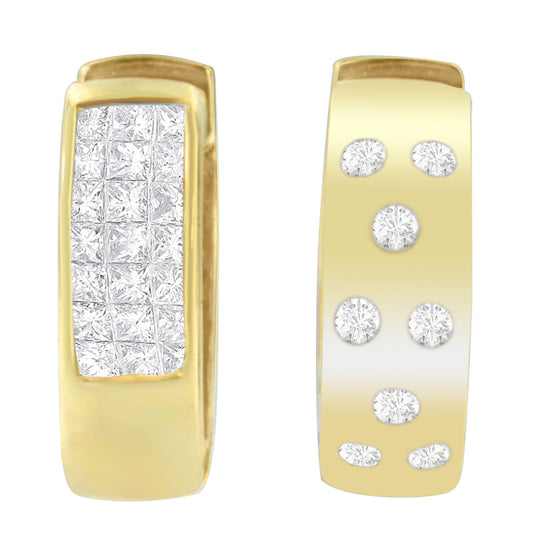 Close-up front view of a pair of yellow metal earrings, one featuring a cluster of princess-cut white gemstones with invisible setting, the other displaying round white gemstones in a channel setting.