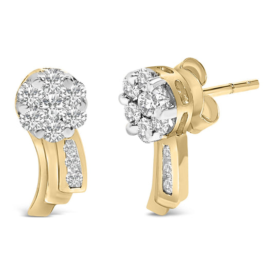 Close-up front and side view of yellow metal stud earrings featuring clusters of round white gemstones in prong settings.