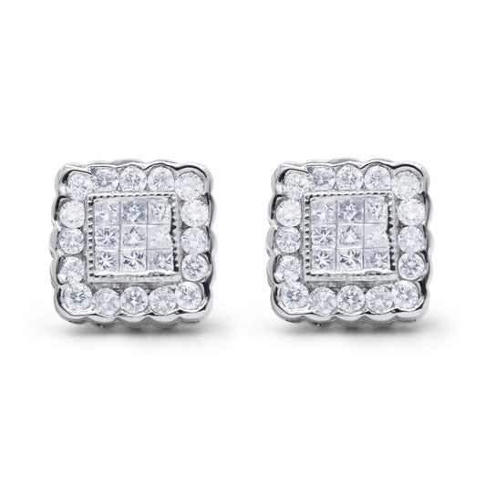 Pair of white metal square-shaped earrings with round gemstones in channel setting surrounding princess-shaped gemstones in invisible setting, shown from the front.