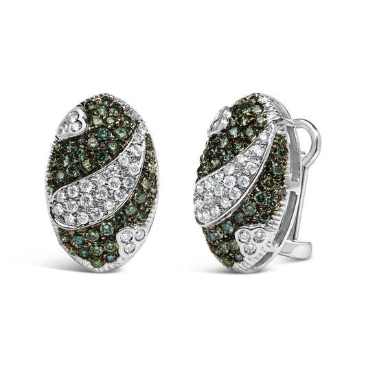 Pair of oval-shaped white metal earrings with blue and white round gemstones in pave setting, shown in a front and side angle view on a white background.