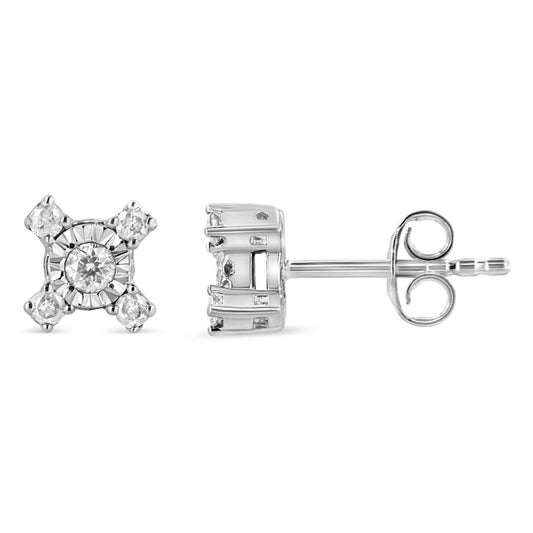 Front and side view of a white metal earring featuring a central round gemstone in a miracle setting surrounded by four round gemstones in prong settings, shown on a white background.
