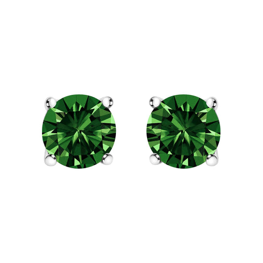 Front-facing close-up of white metal stud earrings, each set with a round green gemstone in a four-prong setting.