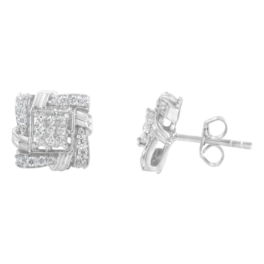 White metal square-shaped earrings with round and princess-shaped white gemstones, shown from front and side angles on a white background.