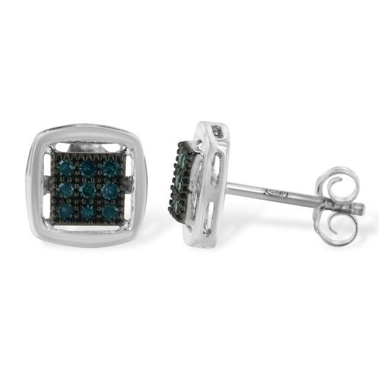 Pair of square-shaped white metal stud earrings with cluster of round blue gemstones in prong setting, shown from front and side angles.
