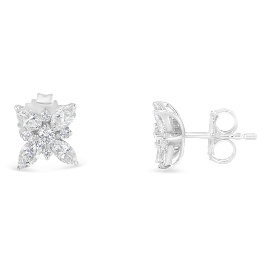 Front and side views of white metal earrings with marquise and round white gemstones in prong settings, shown against a white background.