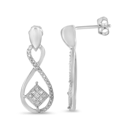 Front and side views of white metal earrings with an infinity shape, adorned with pave-set round white gemstones.