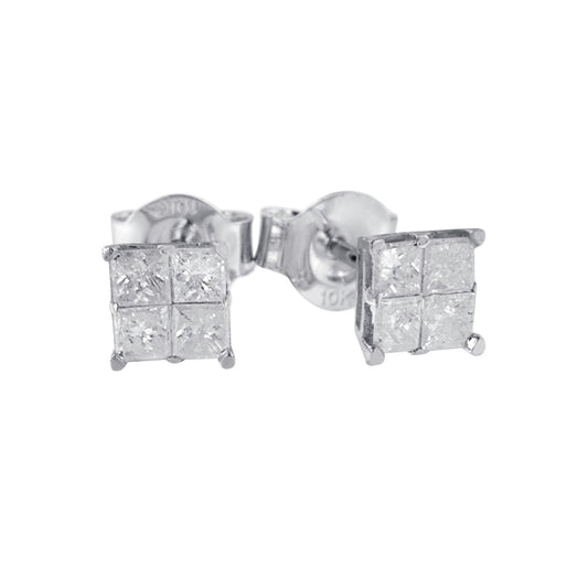Front angle view of white metal stud earrings with square clusters of princess-shaped white gemstones in invisible settings.