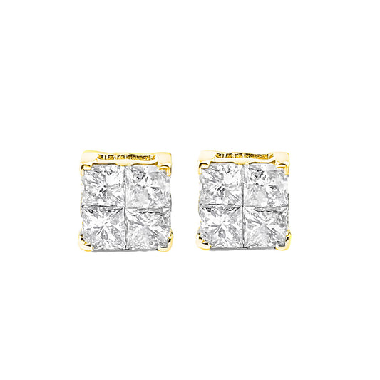 Front angle view of yellow metal square stud earrings with clusters of white princess shape gemstones in an invisible setting.