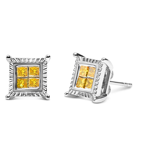 Close-up front and side angle of a pair of square white earrings featuring multiple yellow princess-cut gemstones with invisible setting.