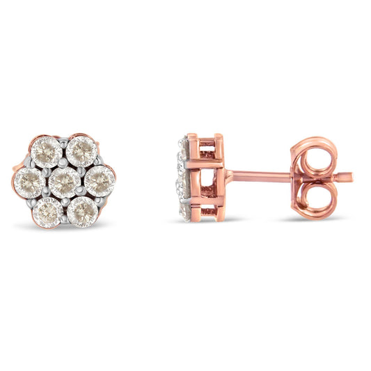 Front and side views of rose-colored stud earrings with a cluster of round white gemstones in prong settings, displayed on a white background.