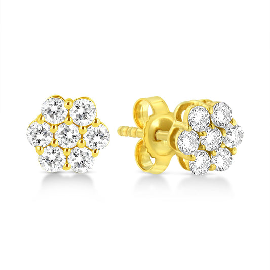 Close-up front and side view of a pair of yellow metal stud earrings, each designed as a cluster of round white gemstones in prong settings.