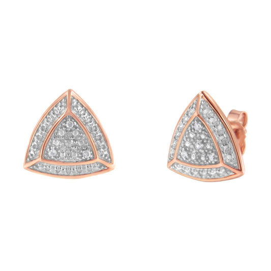 Pair of rose metal triangular stud earrings with white round pave-set gemstones, front and angled side views.