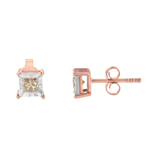Front and side view of a pair of white and rose metal stud earrings with square brownish-colored gemstones in a miracle setting.