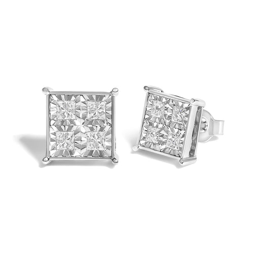 Pair of white metal square earrings with four princess shape white gemstones in an invisible setting, shown from front and angled side views.