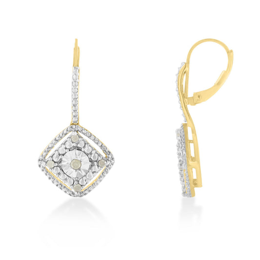 Pair of yellow metal earrings with a diamond-shaped design featuring white round gemstones in prong settings, shown from front and side angles.