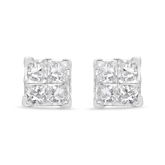 Front angle view of a pair of white metal earrings featuring clusters of princess shape white gemstones in an invisible setting.