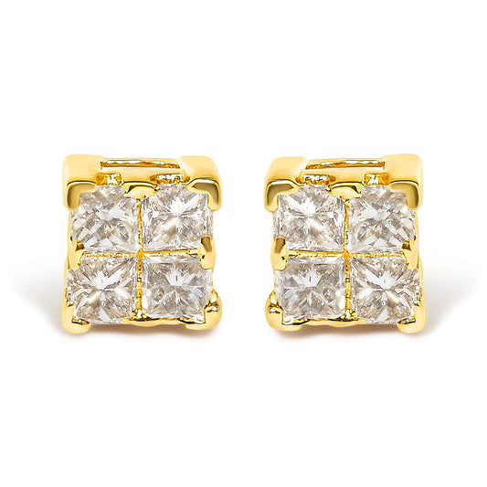 Front angle view of yellow metal square stud earrings with clusters of white princess-shaped gemstones in invisible setting.
