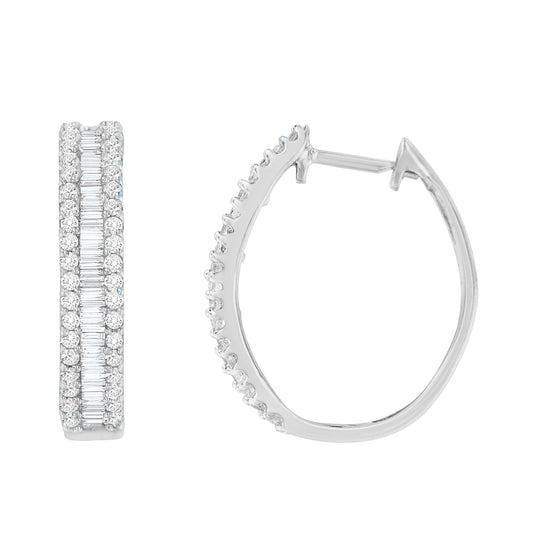 Front and side views of white metal hoop earrings with white round pave-set gemstones along the outer edges and white baguette channel-set gemstones in the center.
