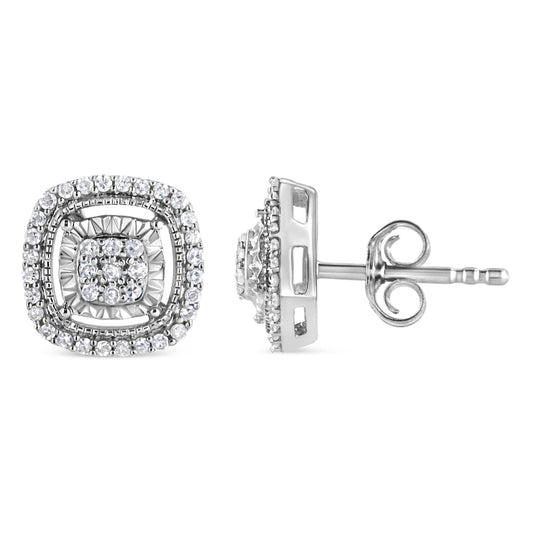 Pair of square white metal stud earrings with round white gemstones in prong settings, shown from front and side angles.