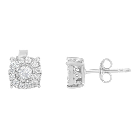 Pair of white metal stud earrings with a central round gemstone surrounded by smaller round gemstones in a pave setting, shown from front and side angles.