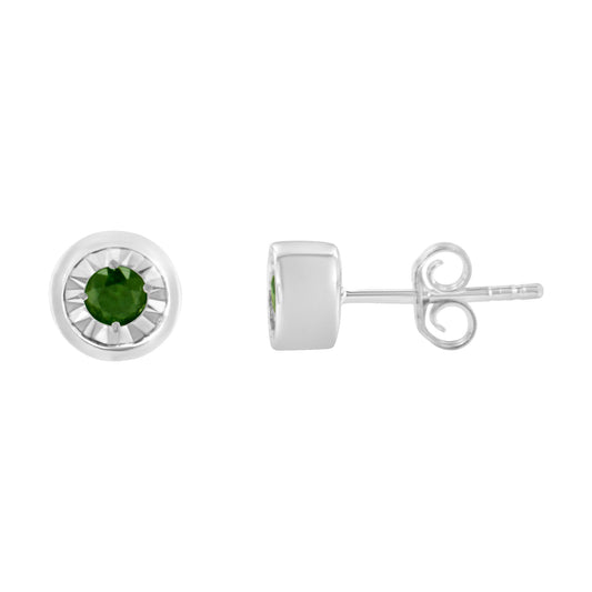 Front and side view of white metal stud earrings with round green gemstones in miracle settings.