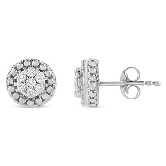 White metal round stud earrings with pave set white gemstones in a circular design, shown from front and side angles.