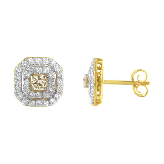 Yellow metal stud earrings with two concentric rows of small white gemstones in pave setting and a larger round white gemstone in prong setting in the center, one earring shown from front and the other from side angle.