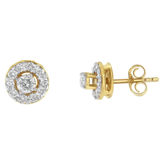 Pair of yellow metal stud earrings with round white gemstones in prong settings, shown from front and side angles.