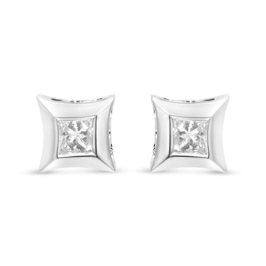 Front view of a pair of square shaped white metal earrings each with a princess-cut white gemstone in a channel setting.