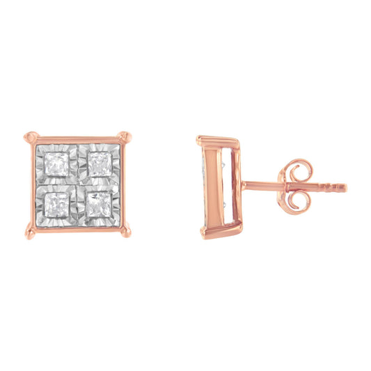 Front and side view of square rose metal stud earrings with white princess shape gemstones in a miracle setting.