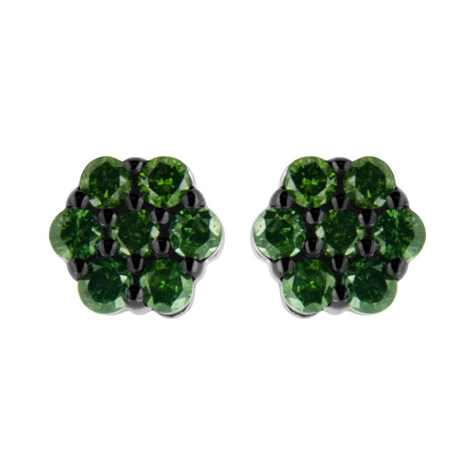 Front view of white metal stud earrings featuring multiple round green gemstones in prong settings.