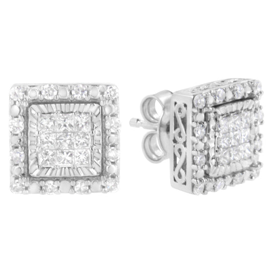 Pair of white metal square earrings with princess shape gemstones in invisible setting center, surrounded by round gemstones in pave setting; shown from front and side angles.