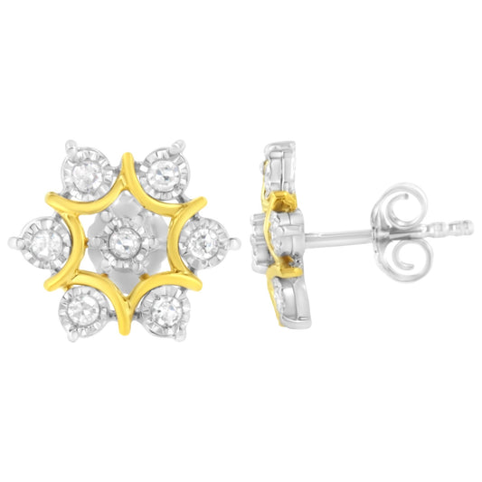 Front and side views of yellow metal earrings with round white gemstones in a floral cluster design.