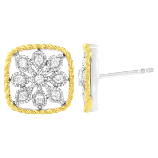 Front and side views of yellow metal square-shaped earrings with a floral design of round white gemstones in prong settings.