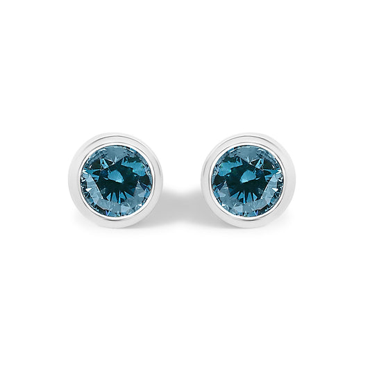 14K Gold Bezel Set Lab Grown Blue Diamond Solitaire Stud Earrings