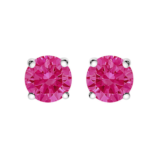 Front view of white metal round pink gemstone stud earrings with four-prong settings.