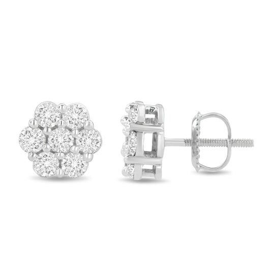 Pair of white metal earrings with round white gemstones in prong settings, shown from front and side angles.