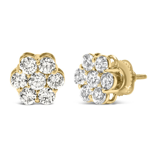 Pair of yellow metal stud earrings with clusters of round white gemstones, shown from front and side angles on a white background.