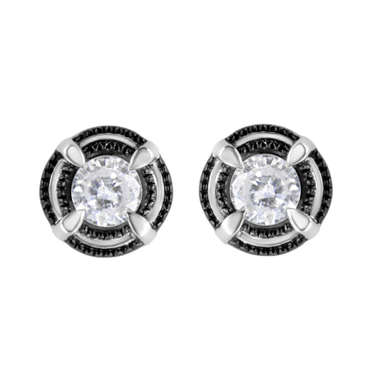 Front view of white metal stud earrings with round white gemstones set in prong settings, surrounded by a circular black textured border.
