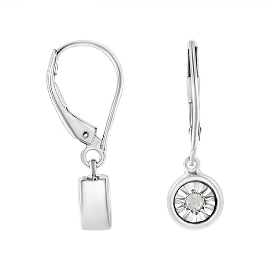 Front and side view of white metal round earrings with a white gemstone in the center, shown against a white background.