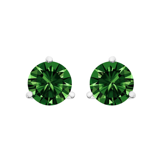 Front view of a pair of white metal stud earrings with round green gemstones set in a three-prong setting.