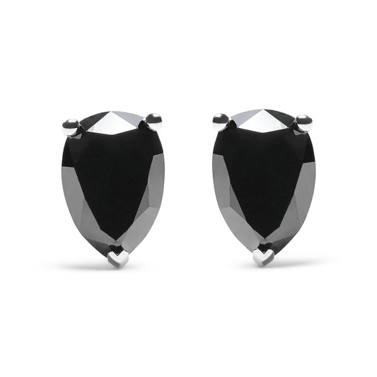 Front view of white metal stud earrings with pear-shaped black gemstones in prong settings.