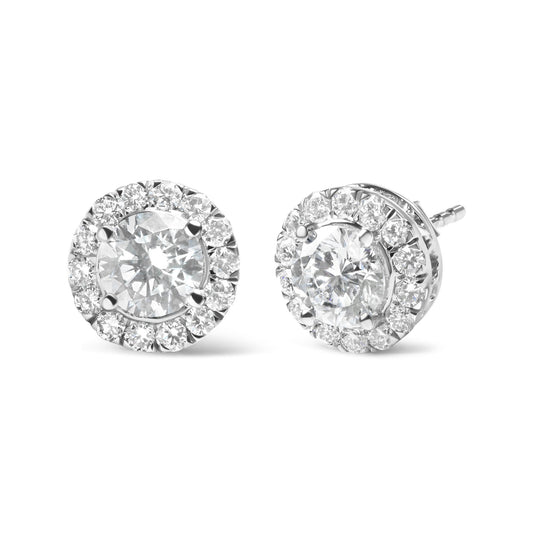 Pair of white metal round stud earrings with a large central white gemstone surrounded by smaller white gemstones, shown from a front and side angle on a white background.