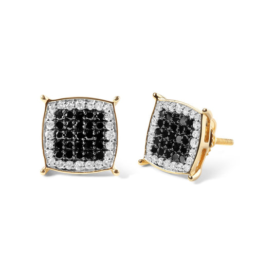 Close-up front and side view of yellow metal square-shaped earrings with clusters of black gemstones surrounded by a border of white gemstones in prong settings.