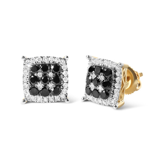 Pair of yellow metal square-shaped stud earrings with prong-set round black and white gemstones, shown from front and angled side views on a white background.