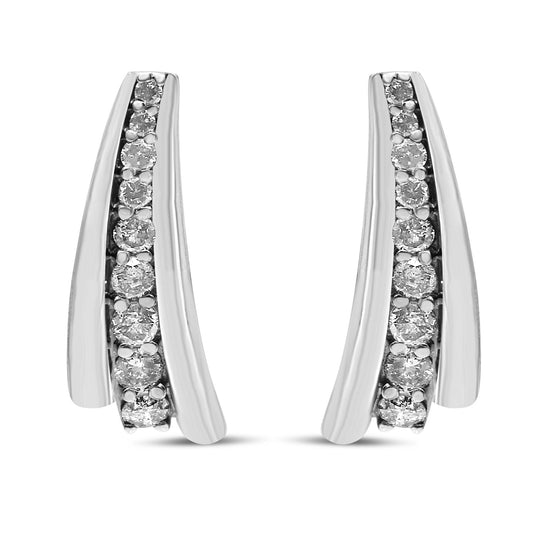Pair of white metal earrings with a curved design, each featuring a row of round white gemstones in prong settings, shown from the front angle.